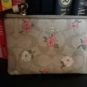 Coach Beige Signature Floral Wristlet with Pink Rose Accents